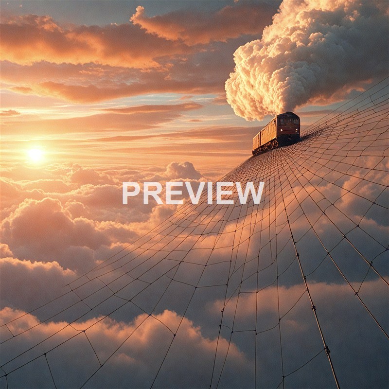A train traveling on a curved track high above the clouds during a vibrant sunset, with smoke billowing from the train's chimney and a web-like structure supporting the track.